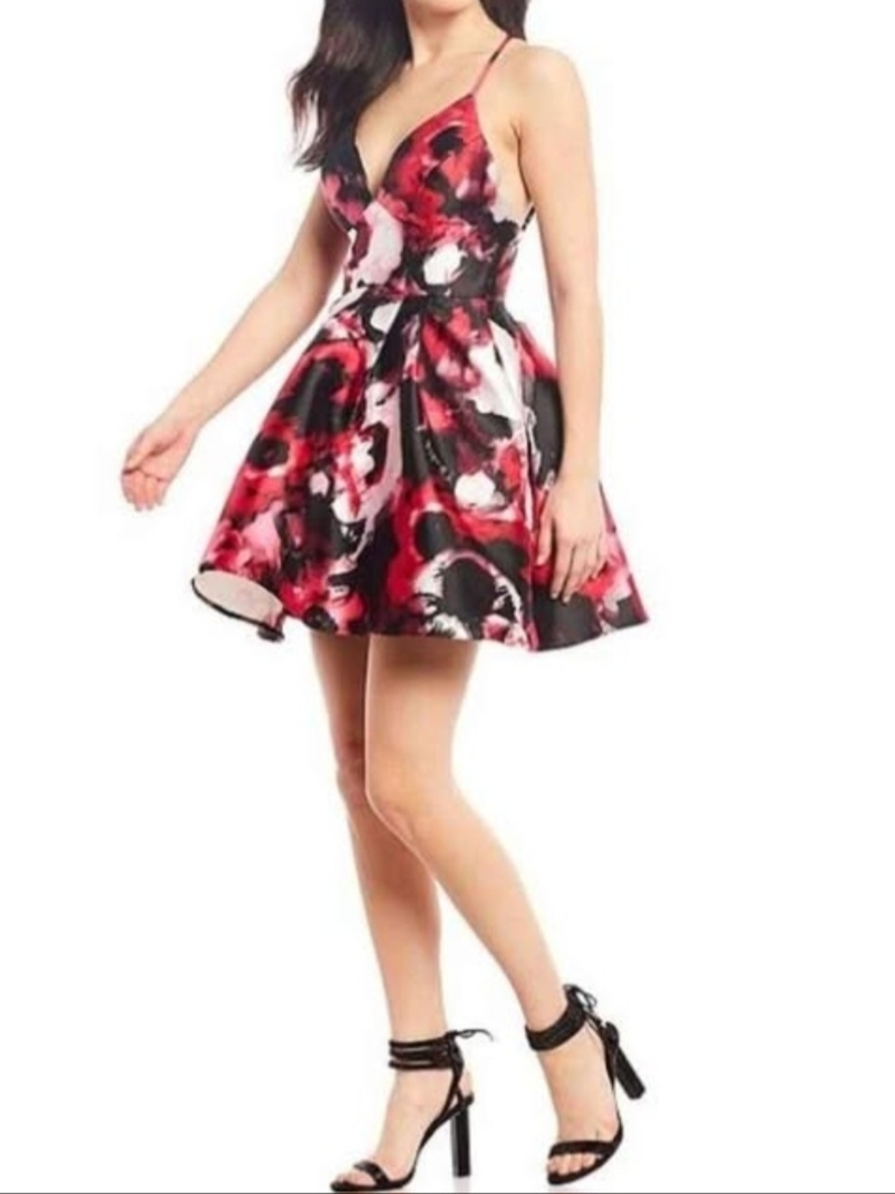 B Darlin Floral V-Neck Fit & Flare Mini Dress - Red, Black & White